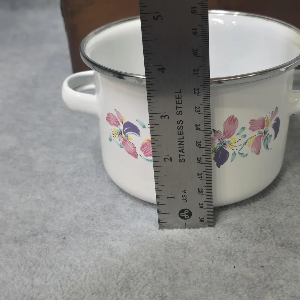 Vintage Enamelware Pots Set of 2 Floral Pink Purple White Lids Indonesia 80s